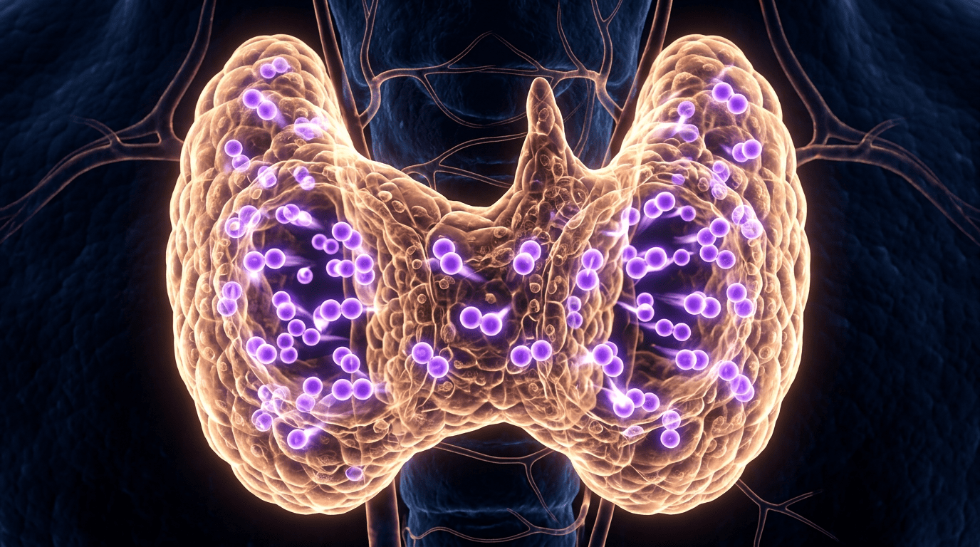 3D illustration of the thyroid gland with highlighted follicular cells and colloid spheres