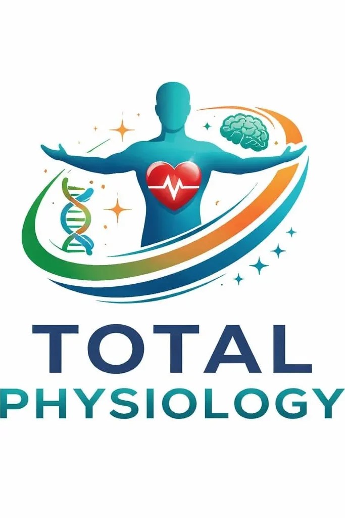 Logo of Total Physiology featuring a stylised human silhouette with a heart symbol and heartbeat line, surrounded by a DNA strand and a brain, against a vibrant swirl design.